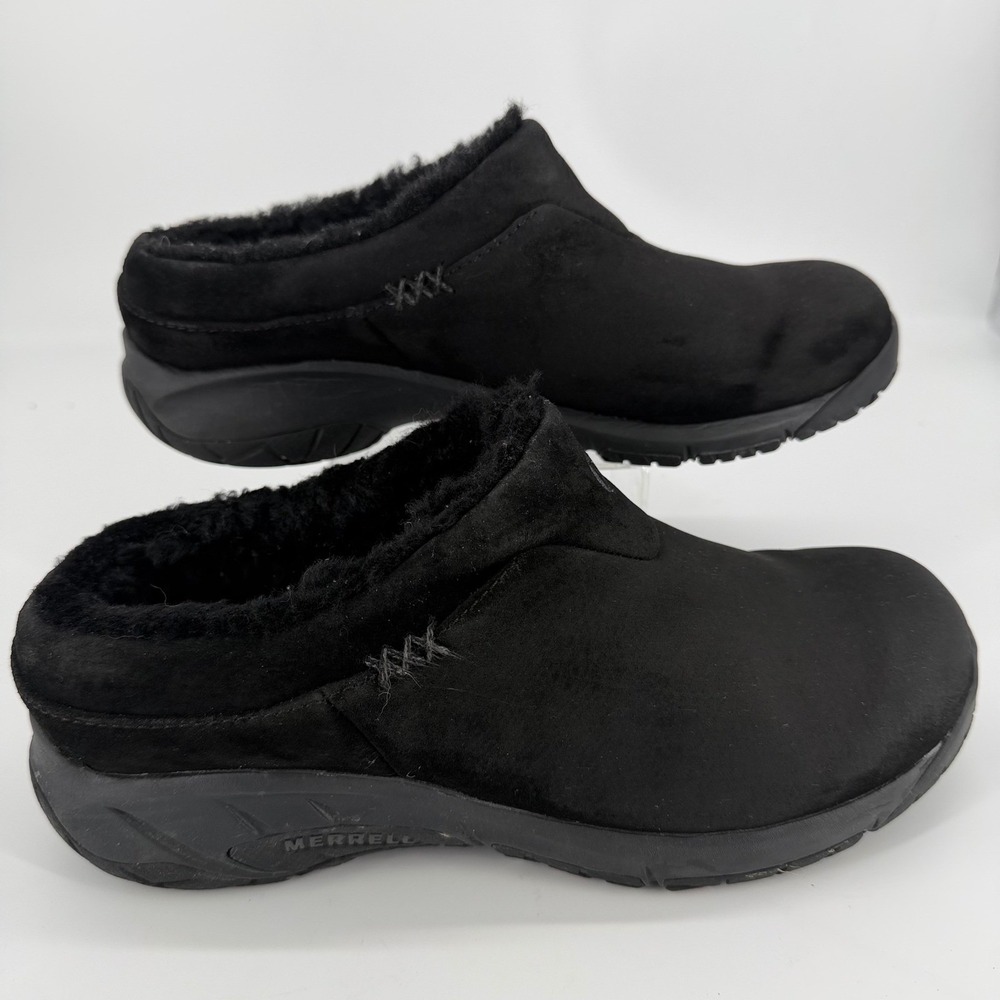 Merrell Encore Ice Black Suede Faux Fur Lined Clogs Womens 11 J66602
